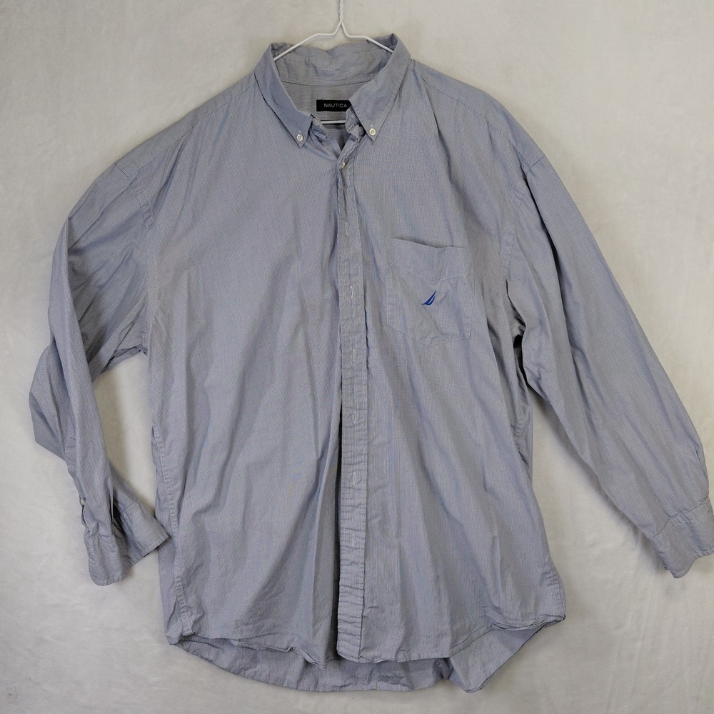 Nautica Mens 3XL Blue White Micro Check 100s Two-Ply Cotton Button Down Shirt
